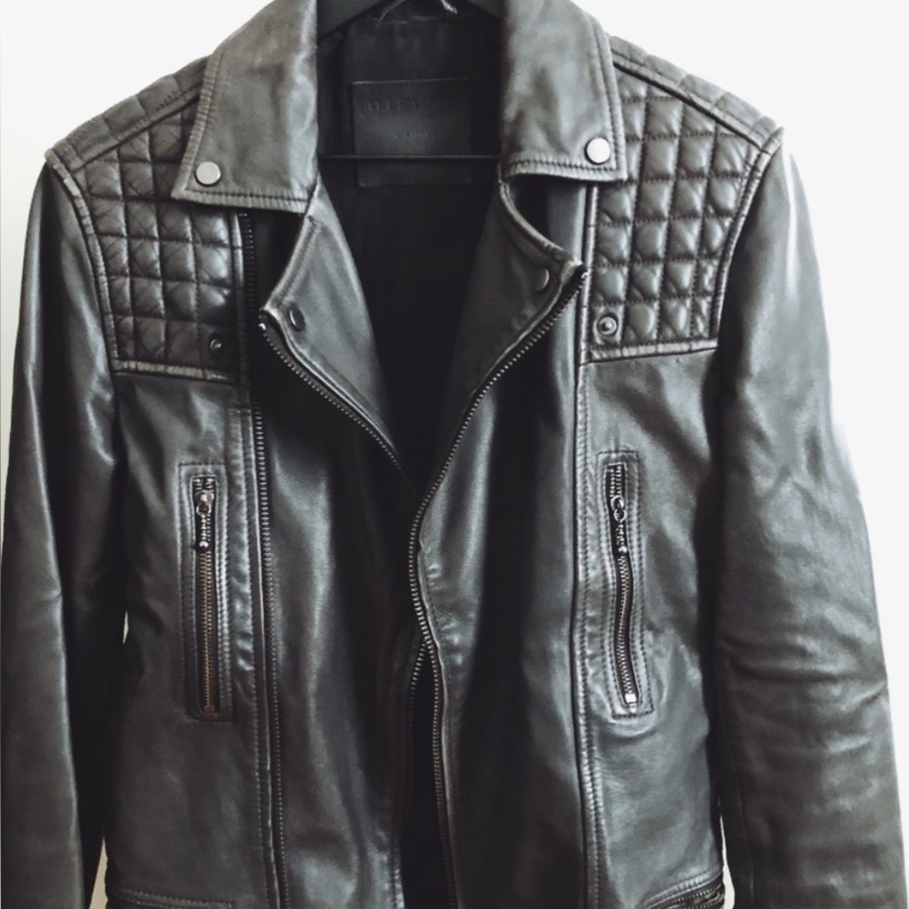 All saints gray leather jacket